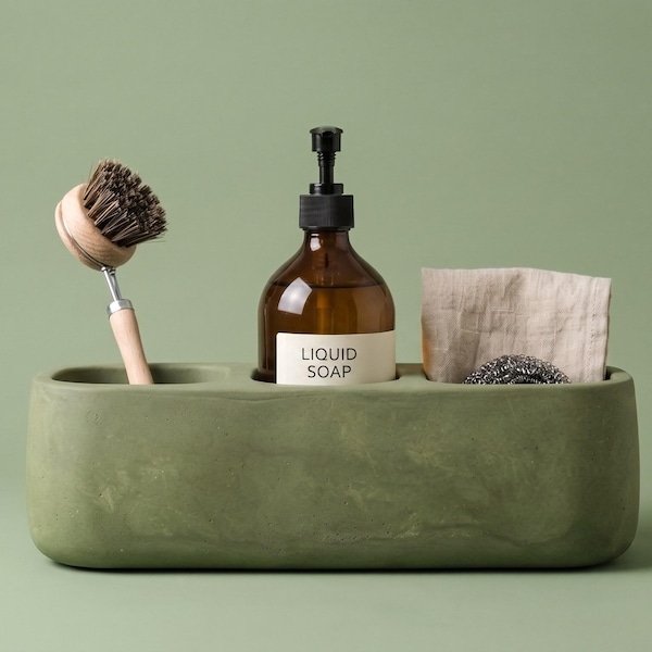 Compartment Jesmonite Kitchen Sink Caddy for Soap Dispenser, Brush and Sponge