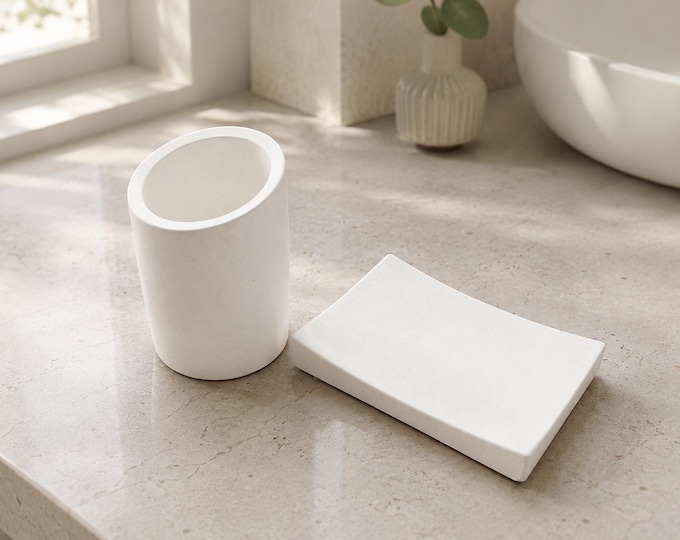 Matte Stone Toothbrush Holder and Soap Dish Set – Japandi Neutral Vanity Organizer