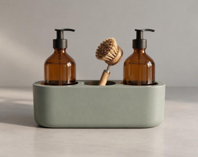 Kitchen Sink Caddy, Jesmonite 3-Compartment Sponge & Brush Holder