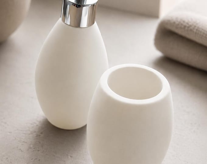 Soap Dispenser and Toothbrush Cup Set, 2 Piece Matte Stone Bathroom Counter Decor