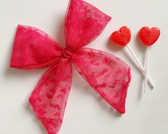 Pink Oversized Lace Valentine Bow, Valentine Lace bow, Extra Large hair bow, Jumbo Valentine bow, XL Heart hairbow, Heart hair bow clip