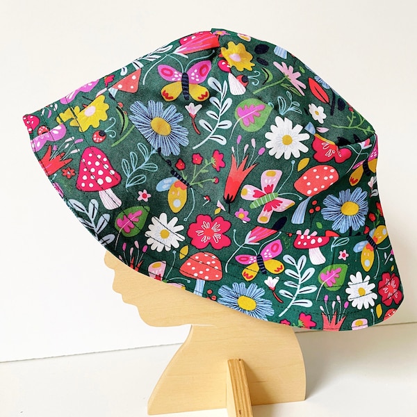 Flower garden hat, mushroom floral butterfly, cute reversible bucket hat, toddler child adult bucket hat, pink green flower, baby boy girl