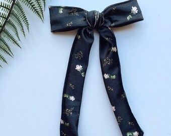 Black Floral Velvet Bow, Velvet Long Tail Bow, Floral Long Ribbon Bow, Ribbon Bow, Valentine Bow, Valentines Day Bow, Floral Velvet Clip