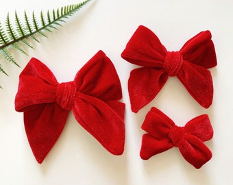 Red Velvet Hair Bow with Blue Rose