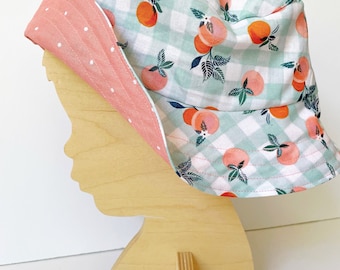 Peach Plaid Bucket Hat, Retro Fruit Sun Hat, reversible bucket hat, toddler child adult bucket hat, peach hat, baby girl hat summer