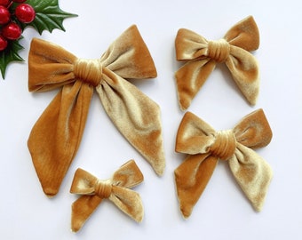 Gold Velvet Bow, Christmas Velvet hair bow, Mustard Gold Velvet Bow, Large Gold Velvet Bow, Santa Bow, Headband Clip, Yellow Baby Bow