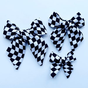 Halloween bow, Checkered black white bow, hand tied bow, girl check hair clip bow, trick or treat, halloween headband checkered