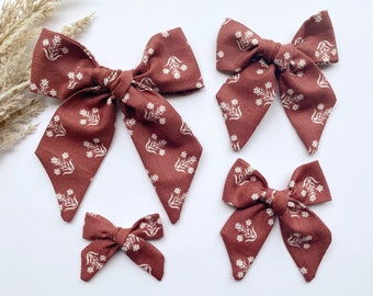 Burgundy Brown Fall Floral Bow, Fall Flower hair bow, Vintage Soft hair bow, pumpkin patch bow, Thanksgiving hair bow, autumn hair bow