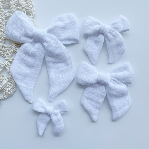 White Gauze Muslin Bow, Easter white hair bow, White Bow, Large Cotton Bow, Spring Muslin Bow, White Easter Sunday Headband Clip Bow