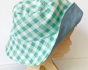 Floral Plaid Bucket Hat, Daisy Teal Green Gingham Sun Hat, reversible bucket, toddler child adult bucket hat, blue denim hat, baby boy girl