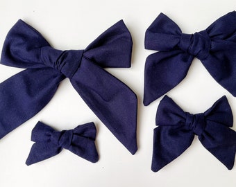 Navy Solid Hair Bow, Dark Blue Cotton Bow, School Uniform Blue Bow, Navy Large Bow, Navy Plain Pigtail Bows, Blue Scrunchie, Back to School