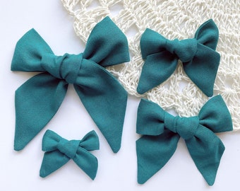 Teal Linen Hair Bow, Fall hair bow, Turquoise hair bow, Blue Green linen hair bow, large bow, Thanksgiving hair bow, autumn football bow
