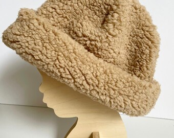 Sherpa Tan Winter Beanie Hat, Fuzzy Soft Teddy Bear Hat, Kids Adult Matching Beanie, Warm Winter Hat, Fluffy Beanie, Slouchy Sherpa Hat