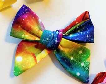 Rainbow HairBow, birthday hair bow, space galaxy hair bow, hair bow clip, constellation hair bow, large bow, colorful hair bow, tie dye bow