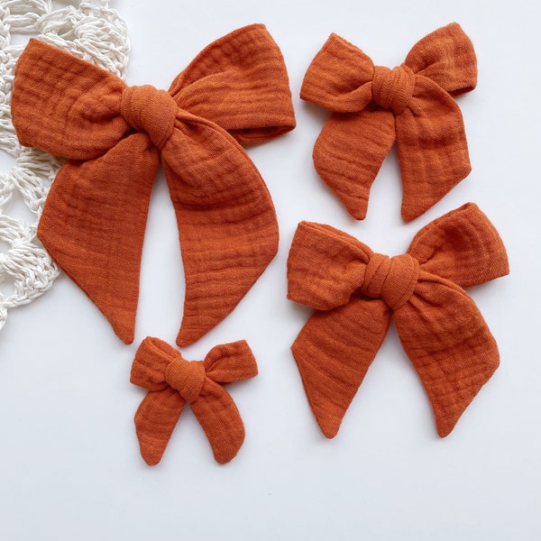 Orange Gauze Muslin Bow, Autumn pumpkin hair bow, orange Bow, Large Cotton Bow, Fall Muslin Bow, Rust Halloween Fall Headband Clip Bow