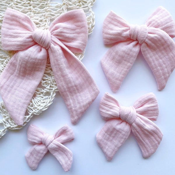 Baby Pink Gauze Muslin Bow, Easter Light Pink hair bow, Pink Bow, Large Rose Cotton Bow, Easter Muslin Bow, Blush Pink Headband Clip Bow
