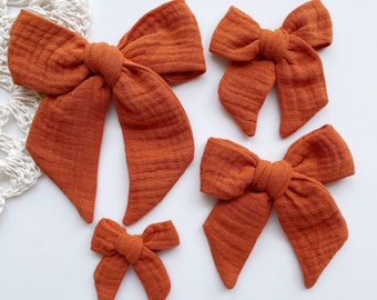Orange Gauze Muslin Bow, Autumn pumpkin hair bow, orange Bow, Large Cotton Bow, Fall Muslin Bow, Rust Halloween Fall Headband Clip Bow