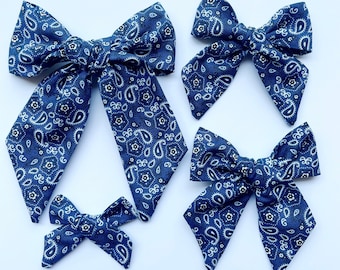 Navy Blue Bandana Bow, 4th of July Bow, Fourth of July Red Blue Bow, Cowboy Cowgirl Western Bow, Bandana Print Bow, Summer Retro Navy Texas