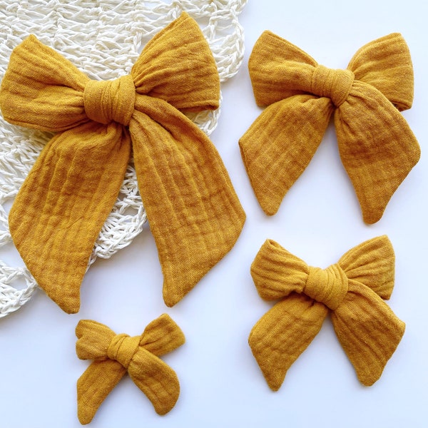 Yellow Gauze Muslin Bow, Easter Mustard hair bow, Gold Yellow Bow, Large Yellow Cotton Bow, Easter Muslin Bow, Mustard Headband Clip Bow