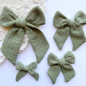 Green Gauze Muslin Bow, Easter Sage hair bow, army green Bow, Large green Cotton Bow, Easter Muslin Bow, khaki green Headband Clip Bow
