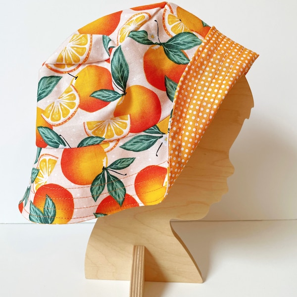 Orange Citrus Bucket Hat, Retro Fruit Sun Hat, reversible bucket hat, toddler child adult bucket hat, clementine hat, baby girl hat orange