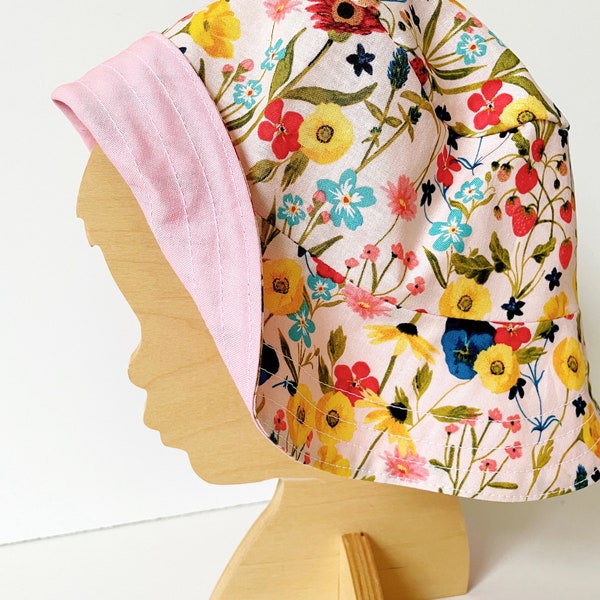Wildflower bucket hat, garden floral hat, pink cute reversible bucket hat, toddler child adult bucket hat, strawberry flower, baby boy girl