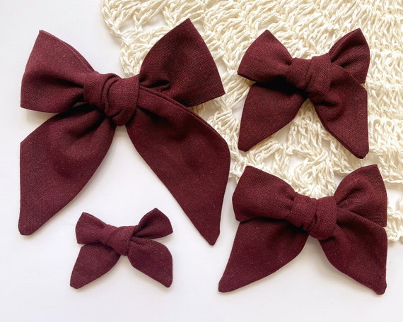 Plum Purple HairBow, Fall hair bow, maroon color hair bow, burgundy linen hair bow, large bow, Thanksgiving hair bow, autumn hair bow
