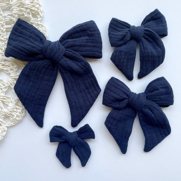 Navy Blue Gauze Muslin Bow, Autumn Navy hair bow, Blue Bow, Large Cotton Bow, Fall Muslin Bow, Dark Blue Thanksgiving Fall Headband Clip Bow