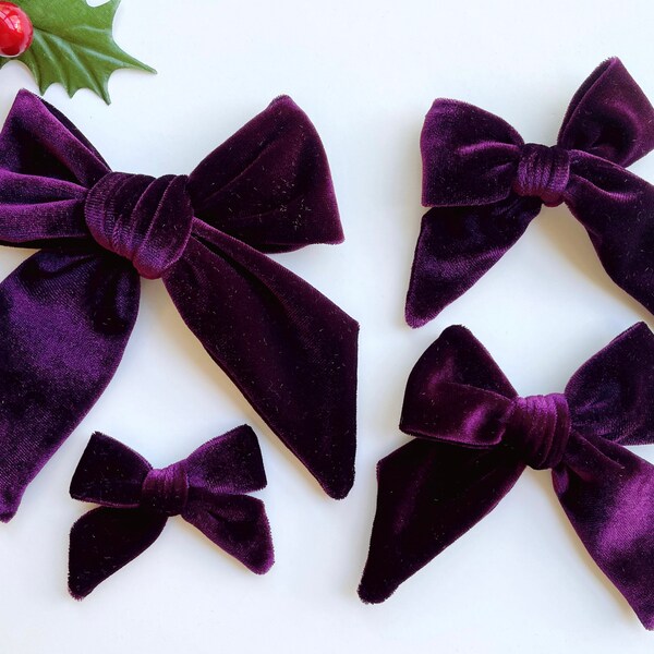 Purple Velvet bow,  Christmas Eggplant Violet Bow, purple bow hand tied bow, fall autumn velvet bow, Christmas purple hair bow, velvet bow