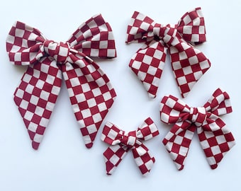 Thanksgiving Checkered bow, Checkered red white bow, hand tied bow, girl check hair clip bow, dark red checker bow, pumpkin patch autumn bow