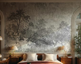 Papel pintado autoadhesivo Grisaille Forest: mural de pared con paisaje monocromático vintage.