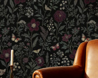 Mörk blommig tapet, självhäftande, gotisk botanisk väggmålning med pioner, fjärilar och vilda blommor