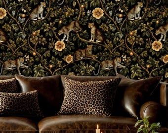 Mörk botanisk leopard tapet med självhäftande motiv, stämningsfull djungelmotiv med stor katt, maximalistisk tropisk
