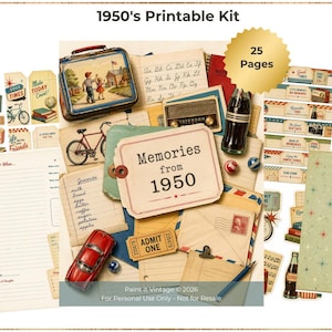 May include: A collection of vintage-themed ephemera, including a lunchbox, radio, and Coca-Cola bottle, with the text "Memories from 1950." The kit includes tags, lined paper, and a red toy car. The words "1950's Printable Kit" are at the top.