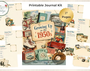 May include: A printable journal kit featuring 27 pages with a 1950s theme. The central graphic displays the text Growing Up in the 1950s surrounded by illustrations of a red bicycle, roller skates, a red wagon, a rotary phone, and a baseball glove.