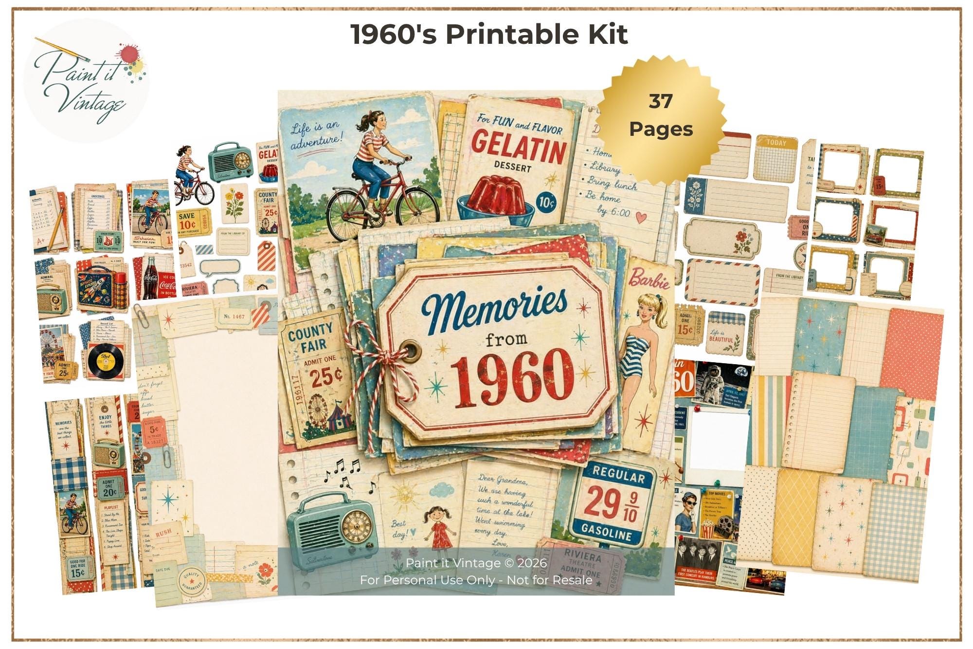 1960s Printable Journal Kit Retro Ephemera, Memory Keeping (Digital Download)