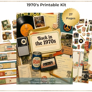 May include: A collection of vintage-themed printable ephemera, including a vinyl record, radio, cassette tape, and Diet Rite Cola can. The kit features the text "Back in the 1970s" and "Good Times", with 27 pages. Perfect for scrapbooking or crafting.