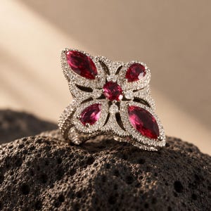 Vintage Style Ruby Statement Ring, White Gold Quatrefoil Floral Halo, Art Deco Cocktail Jewelry, Anniversary Gift for Her