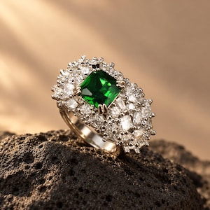 Puede incluir: Un anillo de tono plateado con una gran piedra central cuadrada de color verde esmeralda, rodeada por un grupo de numerosas piedras blancas pequeñas, transparentes y de talla brillante, dispuestas en capas densas sobre una banda de metal pulido.