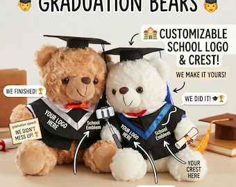 Personalized University Graduation Bear, Custom School Logo Emblem Plush, Class of 2026 Mascot, High School College Grad Stuffed Animal