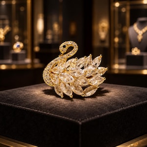 Puede incluir: Un broche dorado con forma de cisne, con el cuello y la cabeza incrustados de pequeñas piedras transparentes y un cuerpo compuesto por múltiples cristales transparentes de talla marquesa dispuestos como plumas en abanico.