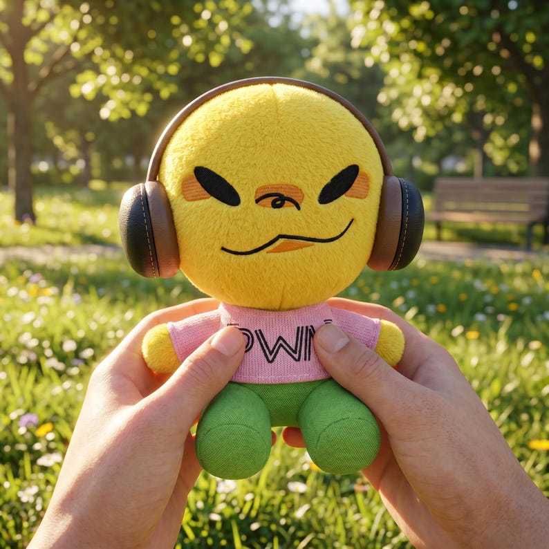 May include: A yellow plush toy with black eyes, brown headphones, a pink shirt with white text, and green trousers. The toy is held in front of a blurred park background with green grass and trees.