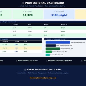 Può includere: Dashboard professionale per la gestione multi-proprietà Airbnb, che mostra i dati finanziari. Le metriche chiave includono il fatturato totale, l'utile netto, il RevPAR medio e la percentuale di occupazione. Include l'analisi delle commissioni di pulizia e la classifica di redditività.