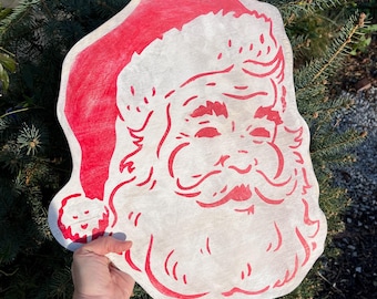 Vintage Santa Handpainted Plywood Cutout - Christmas Wall Decor