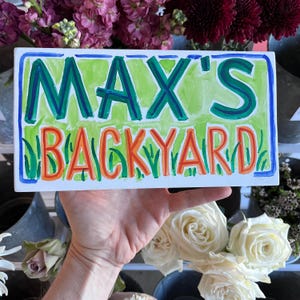 Hand painted dog house or backyard sign for your doggo, personalized with your dog’s name, made in USA, custom sign art
