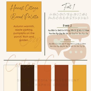 Op de afbeelding: Een merkpaletgids getiteld Harvest Cottage Brand Palette met drie verschillende lettertypen, een kleurenschema van crème, donkerbruin, gebrand oranje, roodbruin en goudgeel, met tekst die herfstthema's en sociale mediadiensten beschrijft.