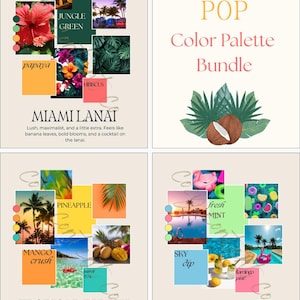Könnte beinhalten: Ein digitales Farbpaletten-Paket mit dem Titel Poolside Pop, das vier verschiedene Moodboards enthält. Jedes Board zeigt tropische Bilder, darunter Palmen, Hibiskusblüten, Kokosnüsse und Poolszenen, neben einfarbigen Farbfeldern, die mit Namen wie Miami Lanai, Tropical Punch und Morning Splash beschriftet sind.