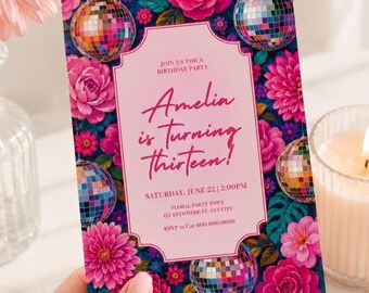 Invitación de cumpleaños para niñas, invitación de pijamada, invitación de cumpleaños, noche de niñas, plantilla de fiesta de cumpleaños número 13, fiesta de cumpleaños disco, invitación de cumpleaños floral para niña