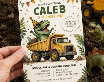 Invitación de cumpleaños de dinosaurios, editable, invitación de cumpleaños de construcción, fiesta de cumpleaños de construcción, digital, tercer cumpleaños de niño, fiesta de dinosaurios, camión volquete