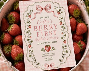 Berry First Birthday Invitation Berry 1st Birthday Invitation, Bow Berry First Birthday Invite, Berry first Baby Berry 1st Editable Canva 84